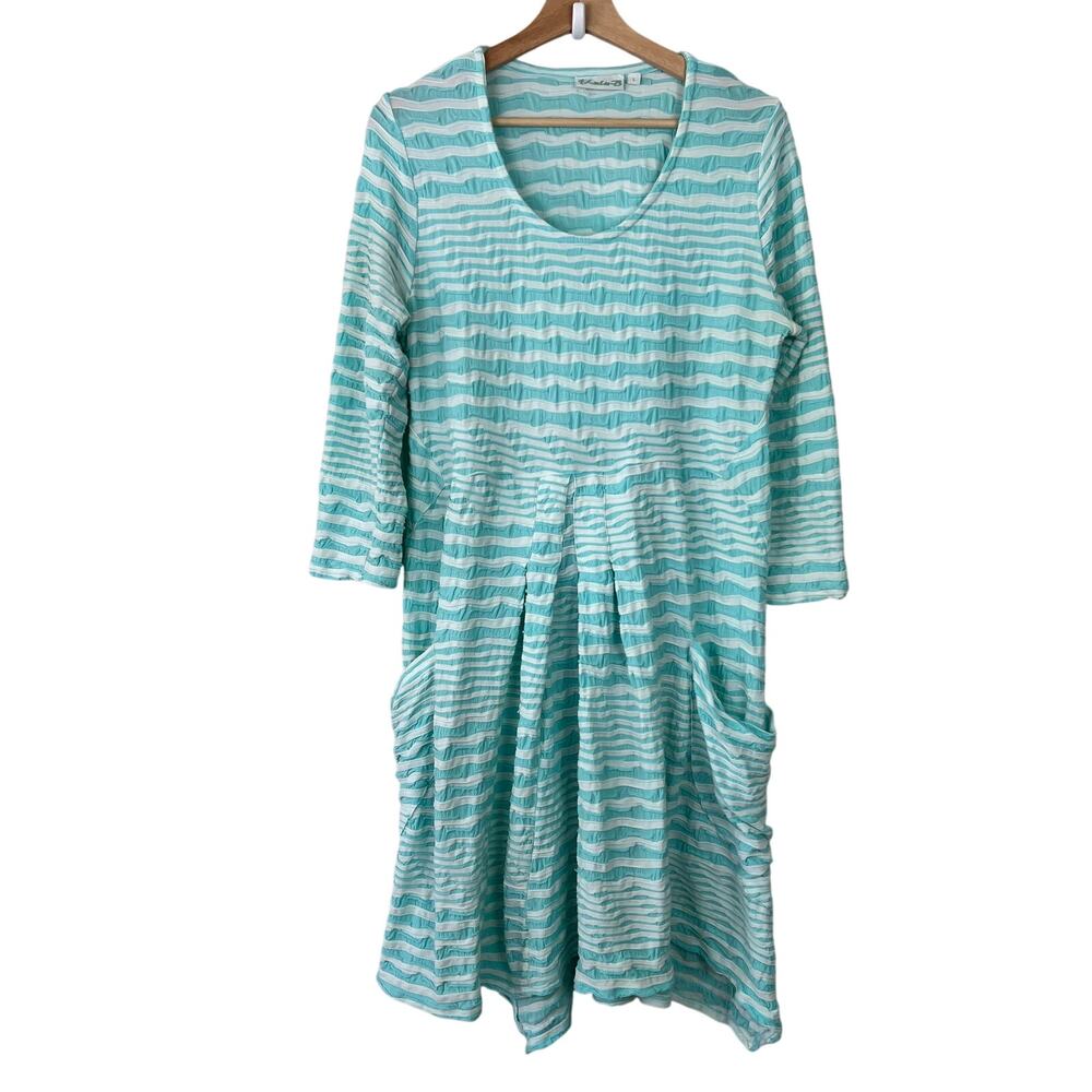 Lulu-B Women's Sz Large Turquoise and White Stripe Dress 3/4 Sleeve Scoop Neck